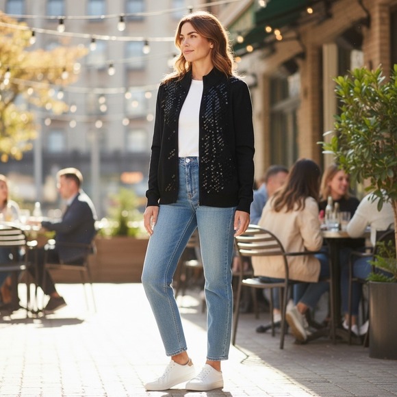 ST JOHN Black Sequin Zip Up Mock Neck Sweater Jacket Women's Medium Evening - Picture 2 of 9